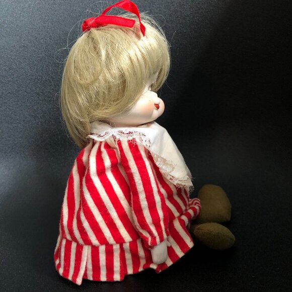 Doll Vintage Enesco Wind Up Moving Music Porcelain 7" Red Girl Shelf Sitter - Picture 5 of 8